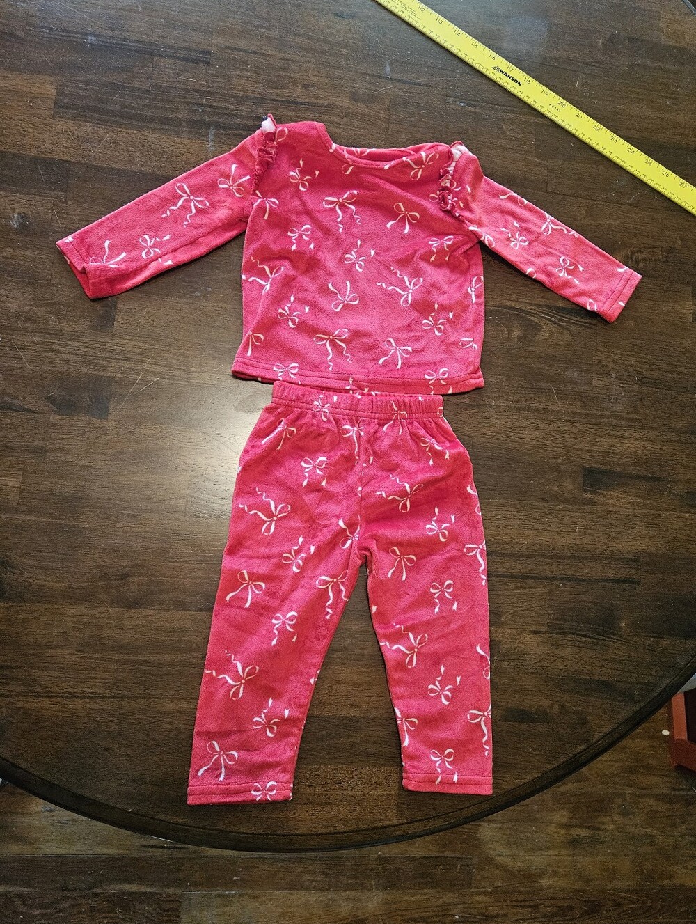 Baby Red Bow Print Pajama Set - Soft Long Sleeve Top & Pants Size 12 Months
